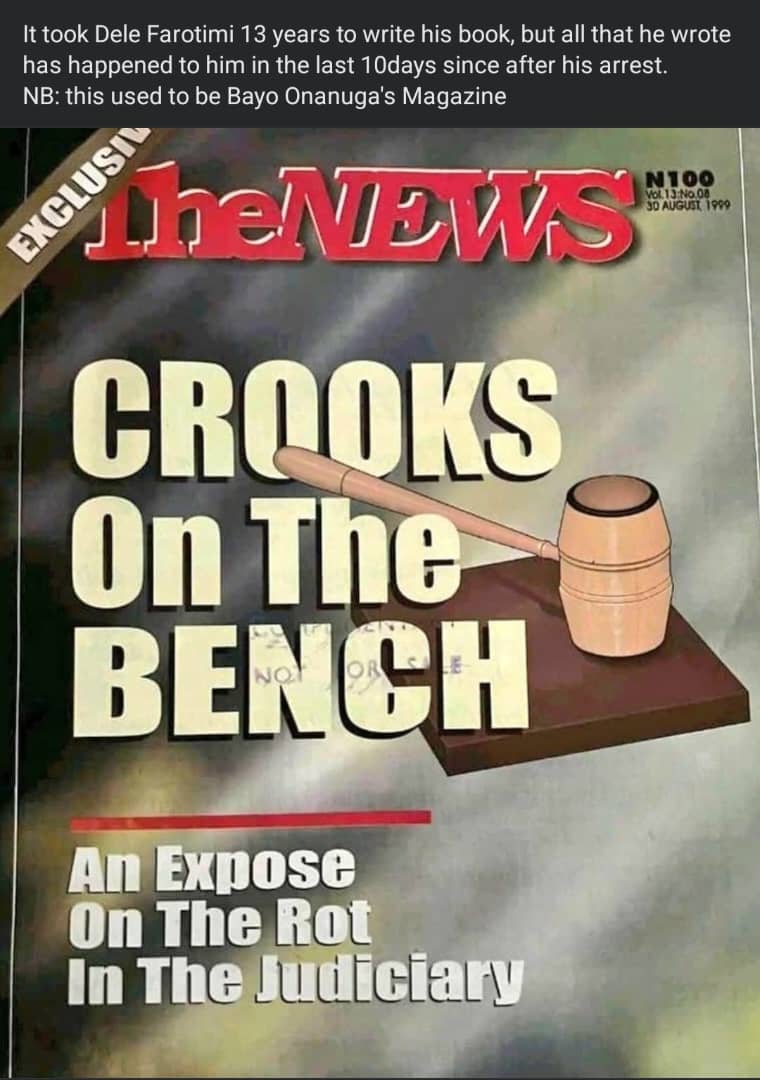 shehu_mahdi's tweet photo. WHEN WILL AFE BABALOLA  REPORT BAYO  AOUNANUGA TO THE POLICE & WHEN WILL BAYO APOLOGISE TO THE JUDICIARY?????

2. Bayo owned the defunct  TheNews magazine. This cover page mentioned the names of senior lawyers and judges allegedly involved in corruption. 

2. When are those mentioned in the edition going to report Bayo in the manner they reported  Barrister Farotomi.

3
 Or is  Bayo now protected by the "BLOOD OF DEMOCRACY"