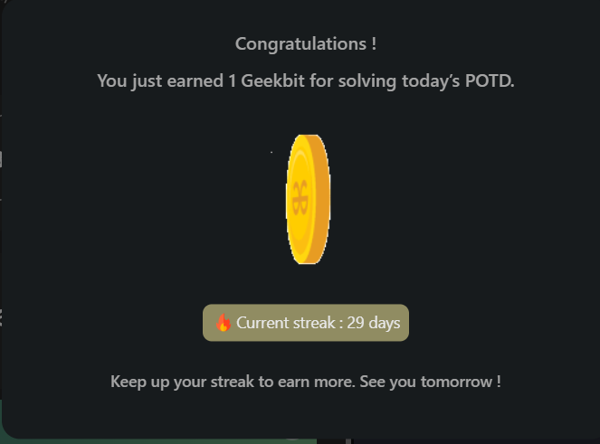 Goutam Mukherjee (@n0ob_coder) on Twitter photo #Day29 of <a href="/geeksforgeeks/">GeeksforGeeks</a> 160 days Challenge:🚀🔥
Solved - Problem 31 #POTD: Peak Element✅
#geekstreak2024 #gfg160 #gfg #potd #geeksforgeeks #LearnInPublic #Day29 of <a href="/geeksforgeeks/">GeeksforGeeks</a> 160 days Challenge:🚀🔥
Solved - Problem 31 #POTD: Peak Element✅
#geekstreak2024 #gfg160 #gfg #potd #geeksforgeeks #LearnInPublic