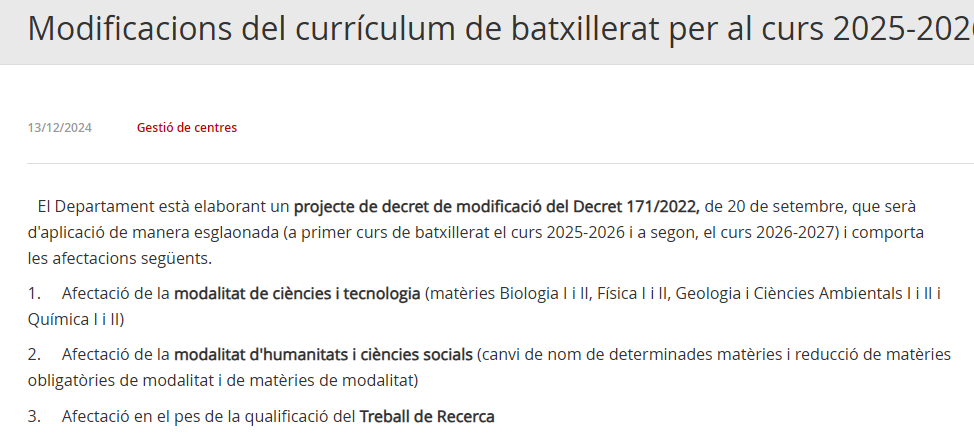 QuimSaurina's tweet photo. @educaciocat De la dràstica reducció d'hores de determinades matèries de Batxillerat per el curs vinent (2 cursos després de reduir-ne 1 hora i augmentar-ne el currículum), també fareu un comunicat de premsa o preferiu no esbombar-ho gaire? https://t.co/ty2rEWBnet
