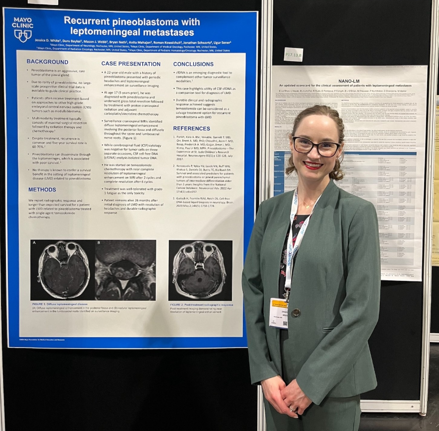 mayoneurores's tweet photo. #ScholarlySunday Congratulations to Dr. @JessicaWhite (PGY4) for her poster presentation "Recurrent pineoblastoma with leptomeningeal metastases" at EANO 2024 in Scotland #MayoNeuroResidency https://t.co/C3ui80LaRK