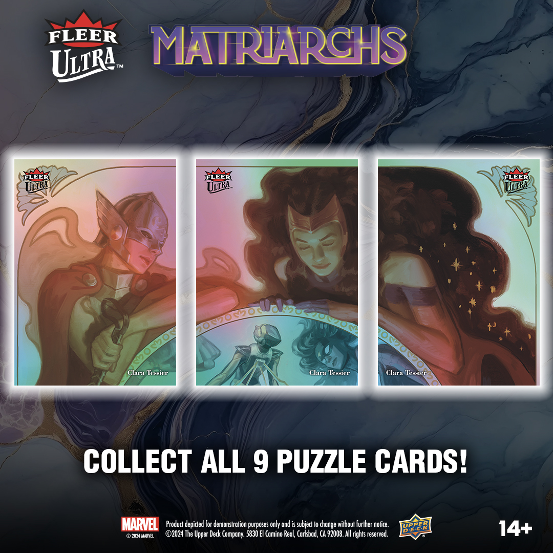 UpperDeckEnt's tweet photo. Celebrate the beauty, brains, and boundless bravery of iconic women in the Marvel Universe with Fleer Ultra Matriarchs of Marvel trading cards, coming! Find all-new original art from top female artists in the 100-card base set. Embellish your collection with shiny inserts like A-Force and Screen Queens, as well as big hits like Essential Issue and Connected Cuts comic clippings. #Marvel #CollectTheBest