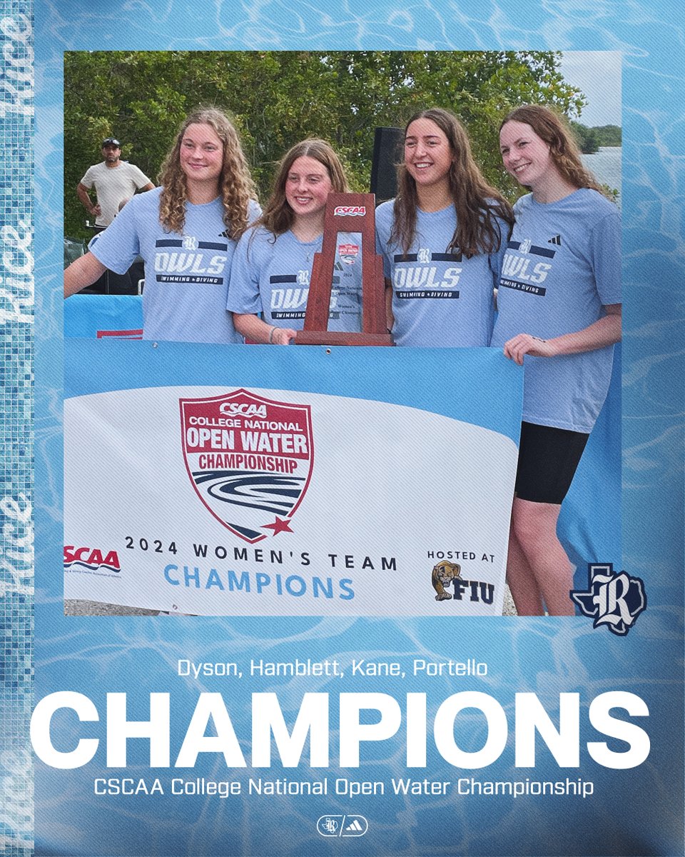 RiceSwimDive's tweet photo. 𝐓𝐈𝐓𝐋𝐄 = 𝐃𝐄𝐅𝐄𝐍𝐃𝐄𝐃 🏆

Rice is back-to-back CSCAA College National Open Water Team Champions!!

#GoOwls👐 https://t.co/IkAz0EPmO0