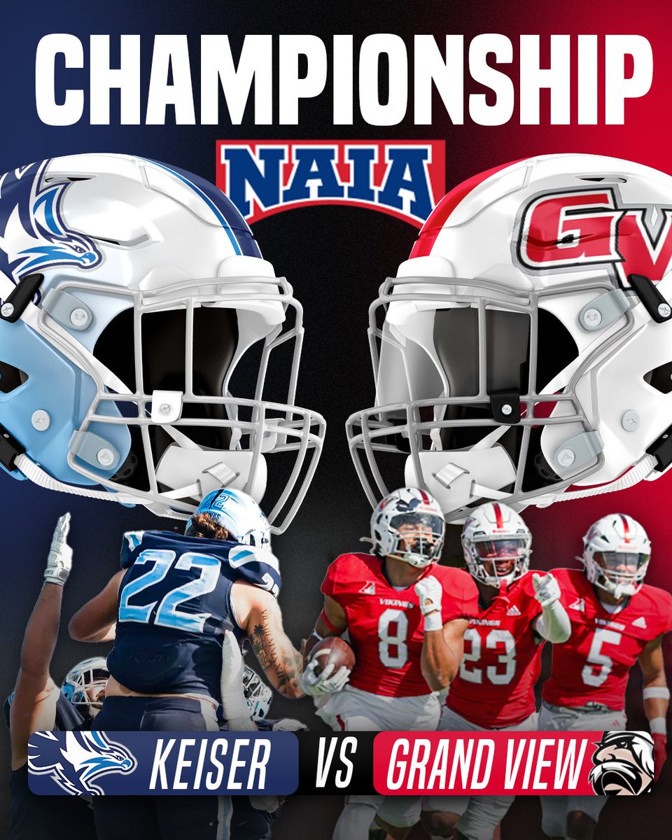 Division 1 Rejects (@d1_rejects) on Twitter photo 𝗢𝗡𝗘 𝗙𝗜𝗡𝗔𝗟 𝗚𝗔𝗠𝗘: who you got⁉️🤔
<a href="/KeiserFootball/">Keiser Football</a> & <a href="/GVVikingFB/">Grand View Football</a> face off in this year’s <a href="/NAIA/">NAIA</a> National Championship in Durham, NC📍
#D1R | #NAIAFB 𝗢𝗡𝗘 𝗙𝗜𝗡𝗔𝗟 𝗚𝗔𝗠𝗘: who you got⁉️🤔
<a href="/KeiserFootball/">Keiser Football</a> & <a href="/GVVikingFB/">Grand View Football</a> face off in this year’s <a href="/NAIA/">NAIA</a> National Championship in Durham, NC📍
#D1R | #NAIAFB