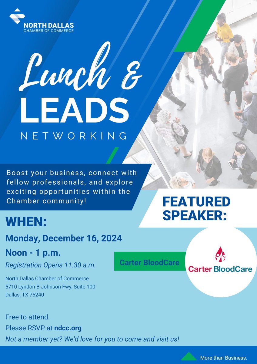 Enhance your business this holiday season at Lunch &amp; Leads Networking on December 16th! In addition to great networking, featured presenters Carter BloodCare will host a blood drive in the building. 

The event is free to attend; RSVP at ndcc.org.