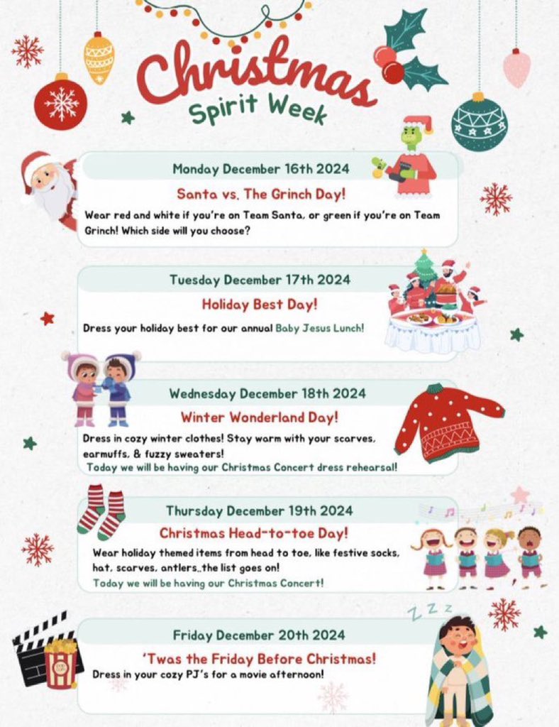 MsSTeacher1's tweet image. Who’s ready for our Christmas Spirit Week!? Tomorrow is Santa vs Grinch day! Which side will you choose? ❄️🎄@StElizabethOCSB