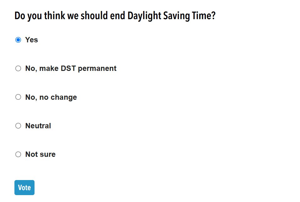 naturaltime365's tweet photo. 2/ 
Do you think we should end Daylight Saving Time?
See 1/ for link to vote on the justthenews media poll.

After you vote, you will see the current tally!

Go #naturaltime365!!
Better for Sleep, Good Sunshine, Savings, Future.
#undoDST https://t.co/uS3kyhFDaF