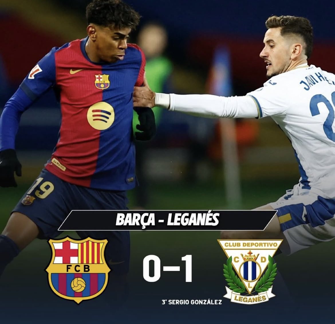 futbolConJC's tweet photo. DERROTA del fc Barcelona 0-1 ante el leganes para dejar la liga de España más igualada que nunca y el Real Madrid y el atlético de Madrid con 1 juego menos. 

#fcbarcelona #barcelona #Fcbarcelona #Barcelona #leganes #RealMadrid #españa #yamal #LamineYamal https://t.co/TNSXt18HLi