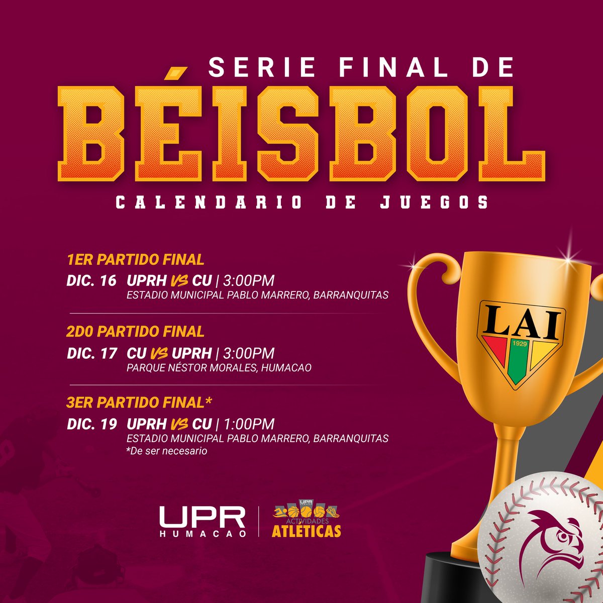 Mañana continúa la acción de los #BúhosBéisbol que inician la serie final contra #CU. ¡#UPRH apoya a tu equipo 🦉! 

#YoSoyBúho
<a href="/UPRHComunica/">UPR Humacao</a> 
<a href="/UPR_Oficial/">UPR</a>