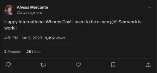 Grummz's tweet photo. Alyssa is deleting tweets where she admits to sex work, while claiming in her lawsuit that @SmashJT defamed her by "stating that she used to be a sex worker, sucking dicks for money."

Here are the (now deleted) Alyssa tweets where Jeff could reasonably have assumed this to be truthful information, from Alyssa herself.

Alyssa is seeking damages for the loss of her job at Kotaku and more.