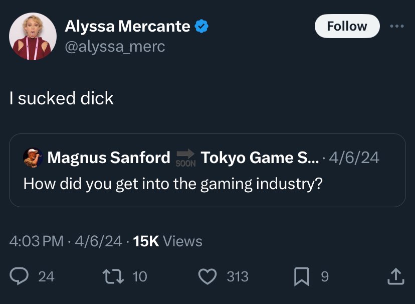 Grummz's tweet photo. Alyssa is deleting tweets where she admits to sex work, while claiming in her lawsuit that @SmashJT defamed her by "stating that she used to be a sex worker, sucking dicks for money."

Here are the (now deleted) Alyssa tweets where Jeff could reasonably have assumed this to be truthful information, from Alyssa herself.

Alyssa is seeking damages for the loss of her job at Kotaku and more.