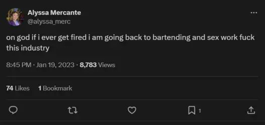 Grummz's tweet photo. Alyssa is deleting tweets where she admits to sex work, while claiming in her lawsuit that @SmashJT defamed her by "stating that she used to be a sex worker, sucking dicks for money."

Here are the (now deleted) Alyssa tweets where Jeff could reasonably have assumed this to be truthful information, from Alyssa herself.

Alyssa is seeking damages for the loss of her job at Kotaku and more.