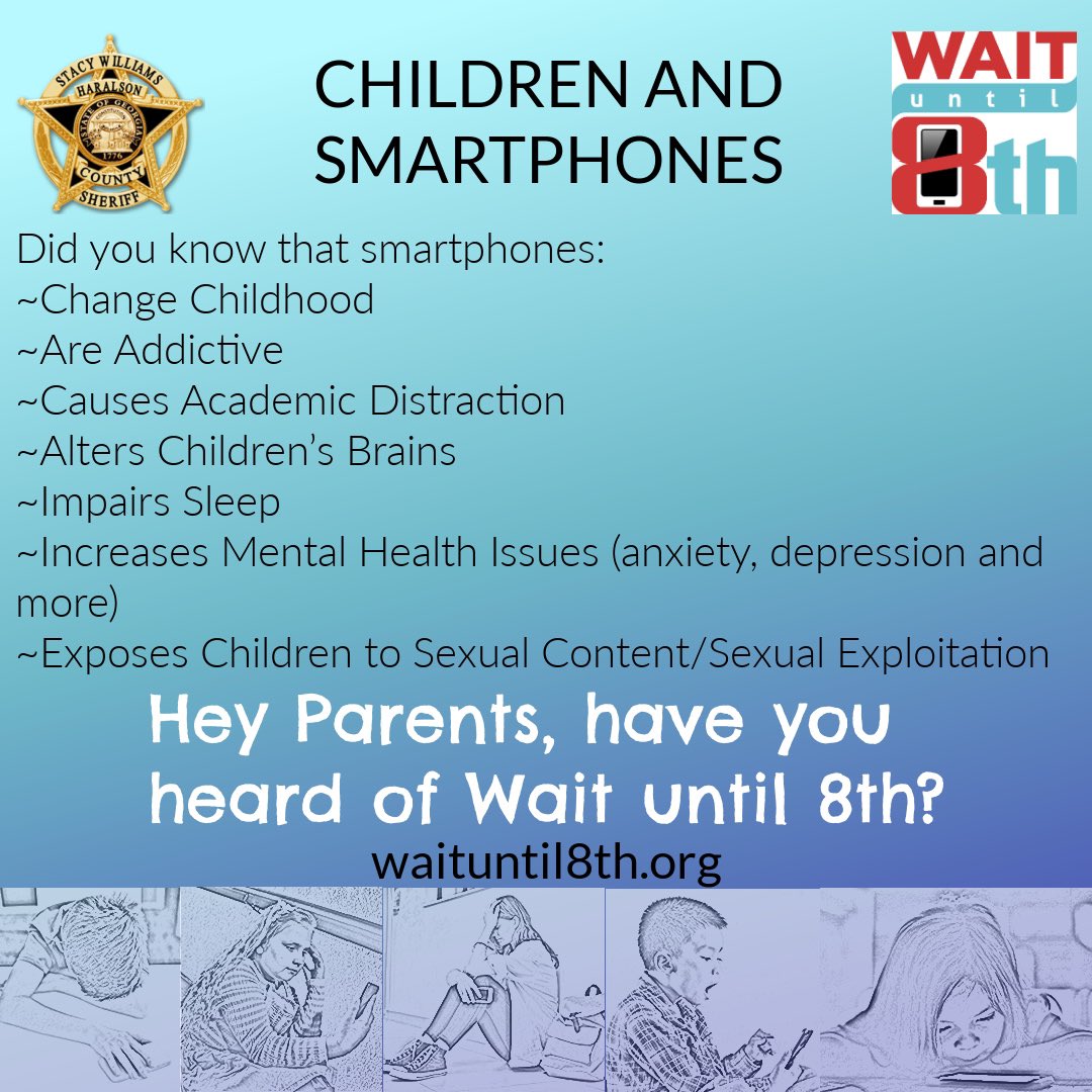 HaralsonSheriff's tweet photo. Hey parents, have you heard about the @WaitUntil8th program? If you are delaying smartphones for your young teens and children due to the research showing the inherent dangers, this is a great resource for you!
#WaitUntil8th
#SmartphoneDangers
#ProtectChildren
#HCSO https://t.co/LubQK9Ezi0