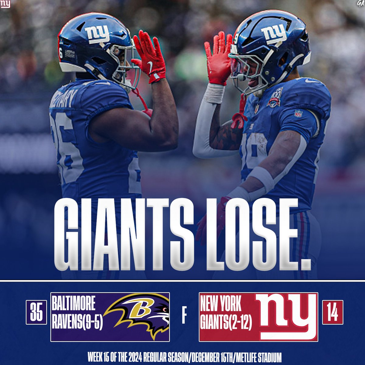 Nygarea1's tweet photo. The Giants lost 35-14 in East Rutherford to the Ravens and take over the NFL's worst record at 2-12 on the season. #DevinSingletary #TyroneTracyJr #nygarea #nygareapostgame24 https://t.co/iNAjmoIkDH