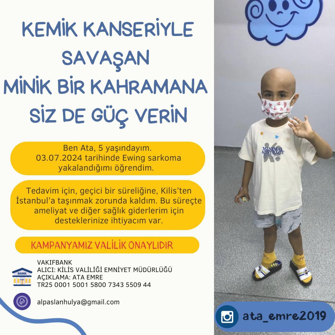 Arkadaşlar iyilik veya yardım insanın en büyük görevlerinden biridir ve merhamet insanı insan yapan erdemlerin başında gelir. Burada konu sadece dekont göndermek değil maddi yardımların dışında manevi olarak ta bu paylaşımı RT yaparak çocuğumuza yardımcı olabilirsiniz. Ata 5