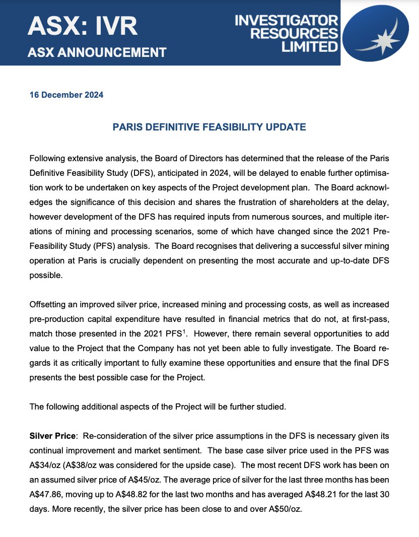 Investigator Resources is committed to delivering the best outcomes for our Paris Silver Project. While we recognise the delay in releasing the Definitive Feasibility Study, this decision enables further optimisation in key areas such as open pit design, mining costs, and