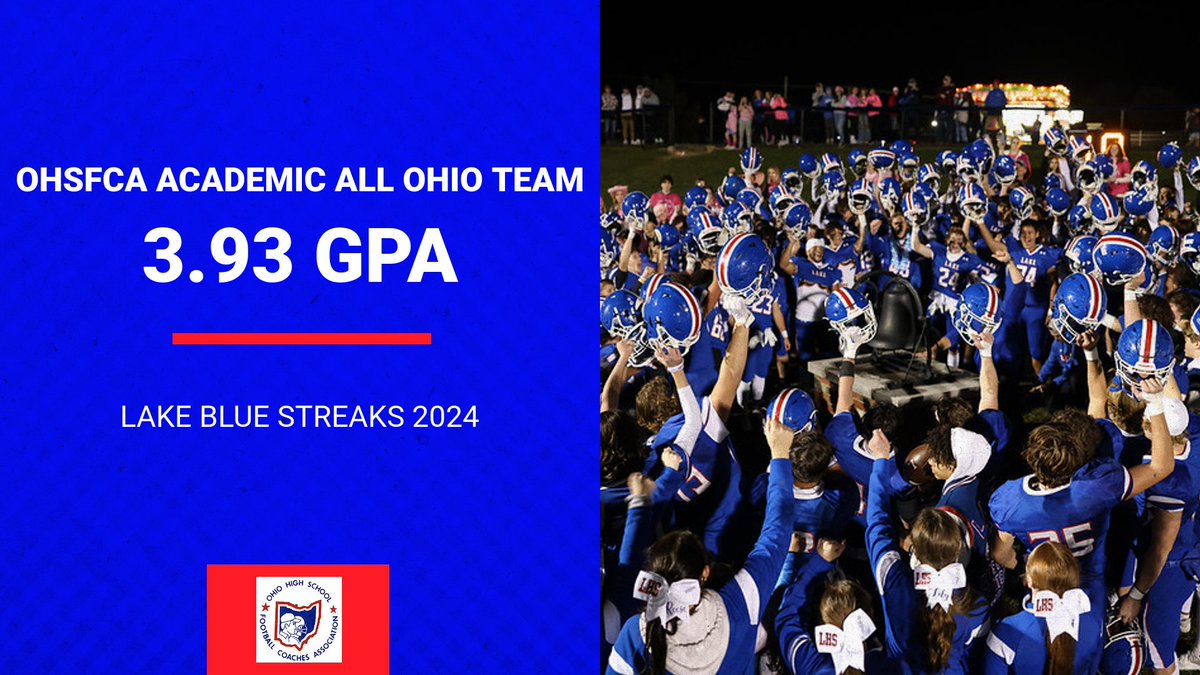 Congratulations to the Lake Football Team for being an OHSFCA Academic All Ohio Team (10th year in a row) 700+ Schools in the state of Ohio.  Top 50 TEAM GPA's make the list. #RockEm
ohsfca.net/page/show/4109…