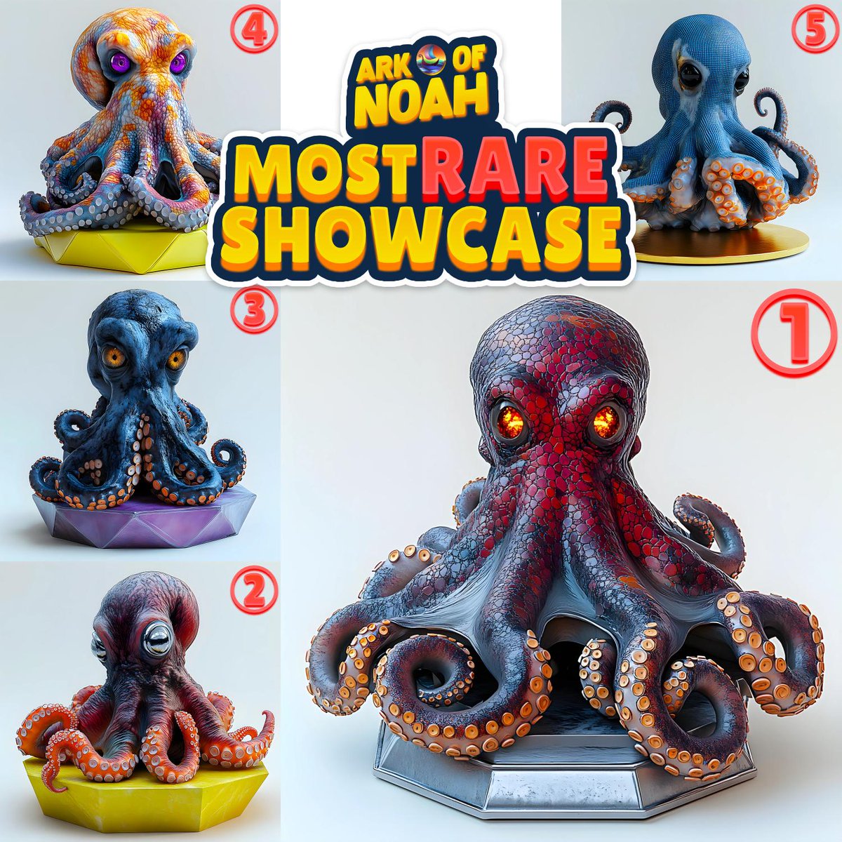 Arkofnoah_io's tweet photo. 🌊🐙 Ark of Noah Rarity Spotlight: Rare Octopus NFTs! 🐙🌊  

Here are the top 5 rarest octopus NFTs! 🎨✨  

Each design radiates creativity and embodies the essence of Web3 projects 💎  

Inspired by legendary collections like CryptoPunks and BAYC, these treasures are not just art; they're a statement!  

Which one catches your eye? Share your favorite! 🧡   

#NFT #OctopusMadness