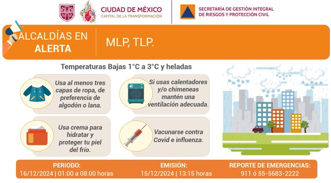 Toma tus precauciones, de nueva cuenta se activaron dos alertas por bajas temperaturas en la #CDMX, durante las primeras horas del lunes. 

Síguenos a través de #iHeartRadioMx ihr.fm/487SyKD vg