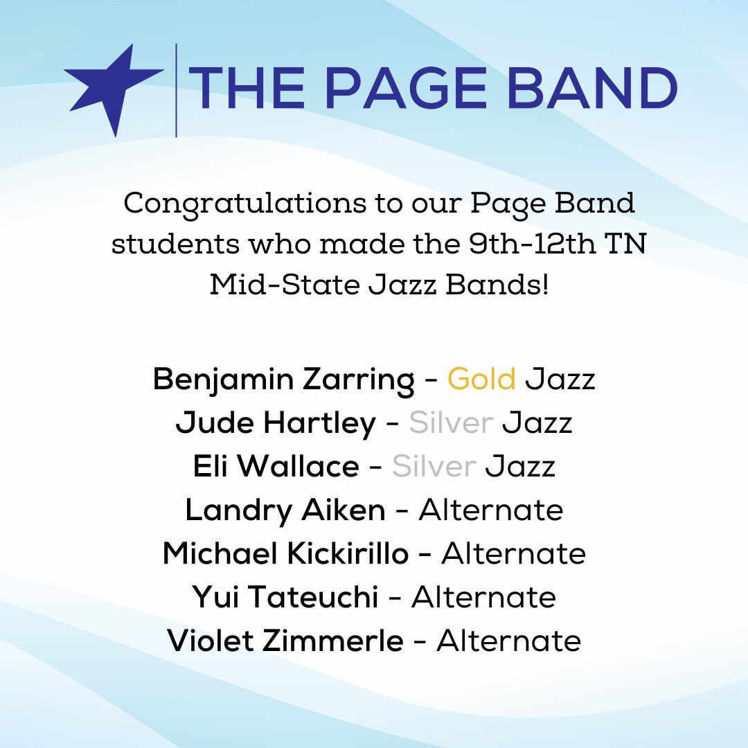 Congratulations to our page Band students who successfully earned positions in the Tennessee All-State Band and Mid-State Bands!!!
