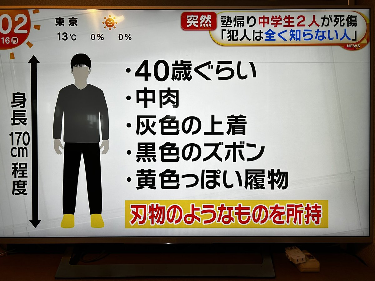 PONURU_SDBH's tweet photo. 北九州市のマックで中学生2人が刃物で刺され、女子生徒が死亡した事件で、犯人は刃物を所持し現在も逃走中

【犯人の特長】
・約40歳、身長約170cm、中肉
・灰色の上着、黒色ズボン、黄色い履物
【逃走経路】
北九州モノレール小倉線徳力公園前駅方面へ北方向に逃走

戸締りをし厳重に気をつけて下さい https://t.co/EUfZcaXynk