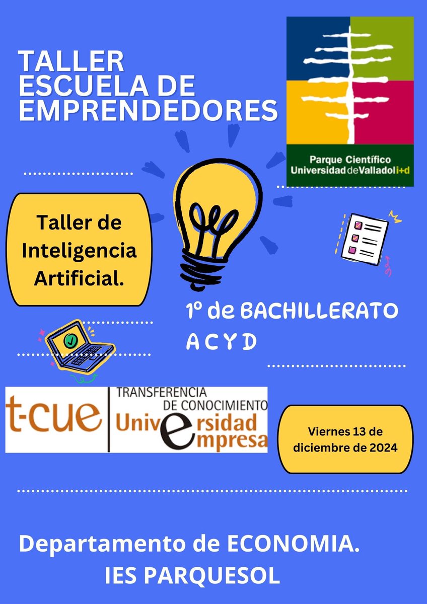 IesParquesol's tweet photo. Los chicos de 1º bachillerato realizan un Taller de Inteligencia Artificial en el IES Parquesol, organizado por el Departamento de Economía del centro en colaboración con el Parque científico de la UVa y t-CUE transferencia de conocimientos UNIVERSIDAD_EMPRESA @PC_UVa #plantcue https://t.co/8n4Cdkmq86