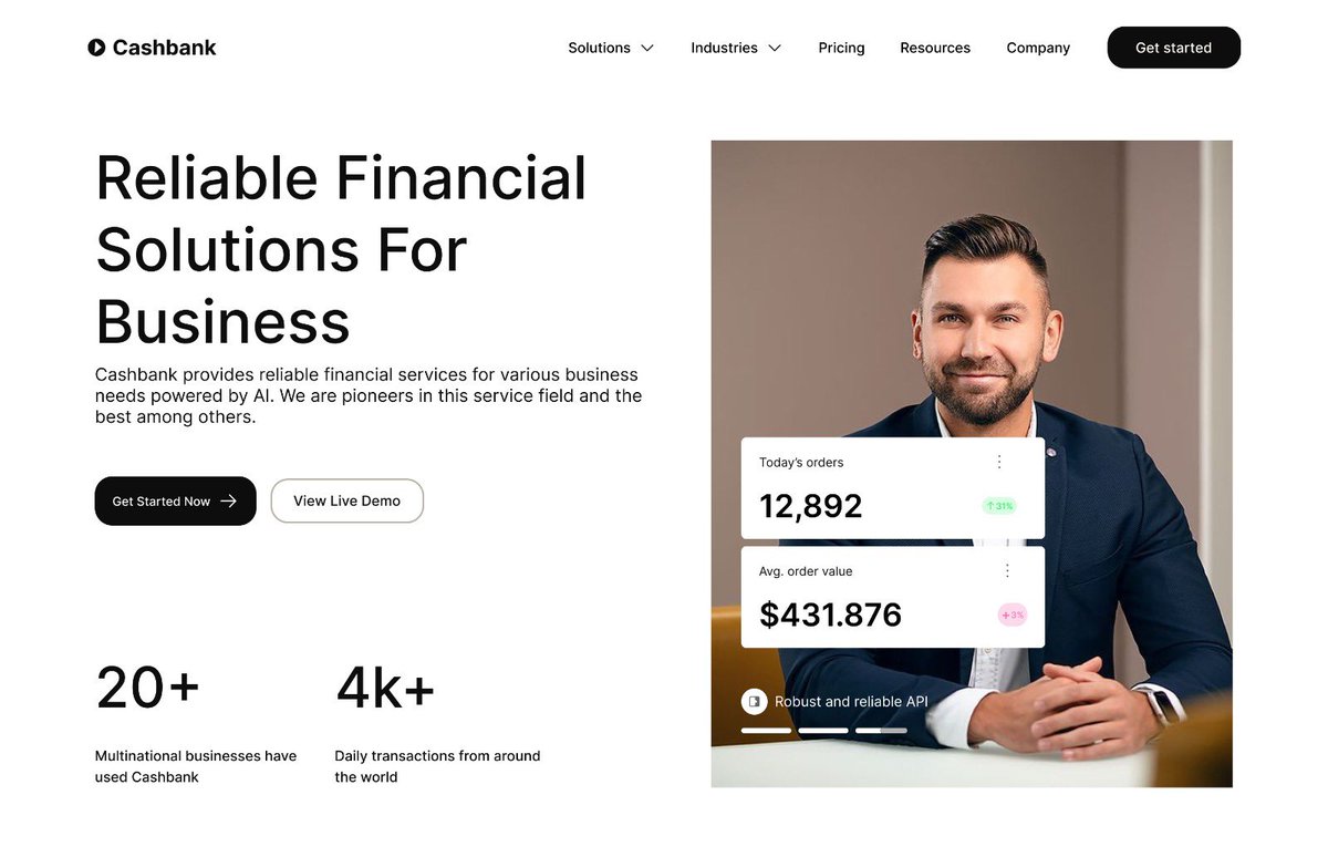 Hey everyone! 🌟  
It’s day 20 of my consistency challenge! I created a landing page for Cashbank, which offers reliable financial solutions using AI for businesses. Can't believe it's already day 20! 🎉
#landingpage #WebsiteDesign #uiuxdesign