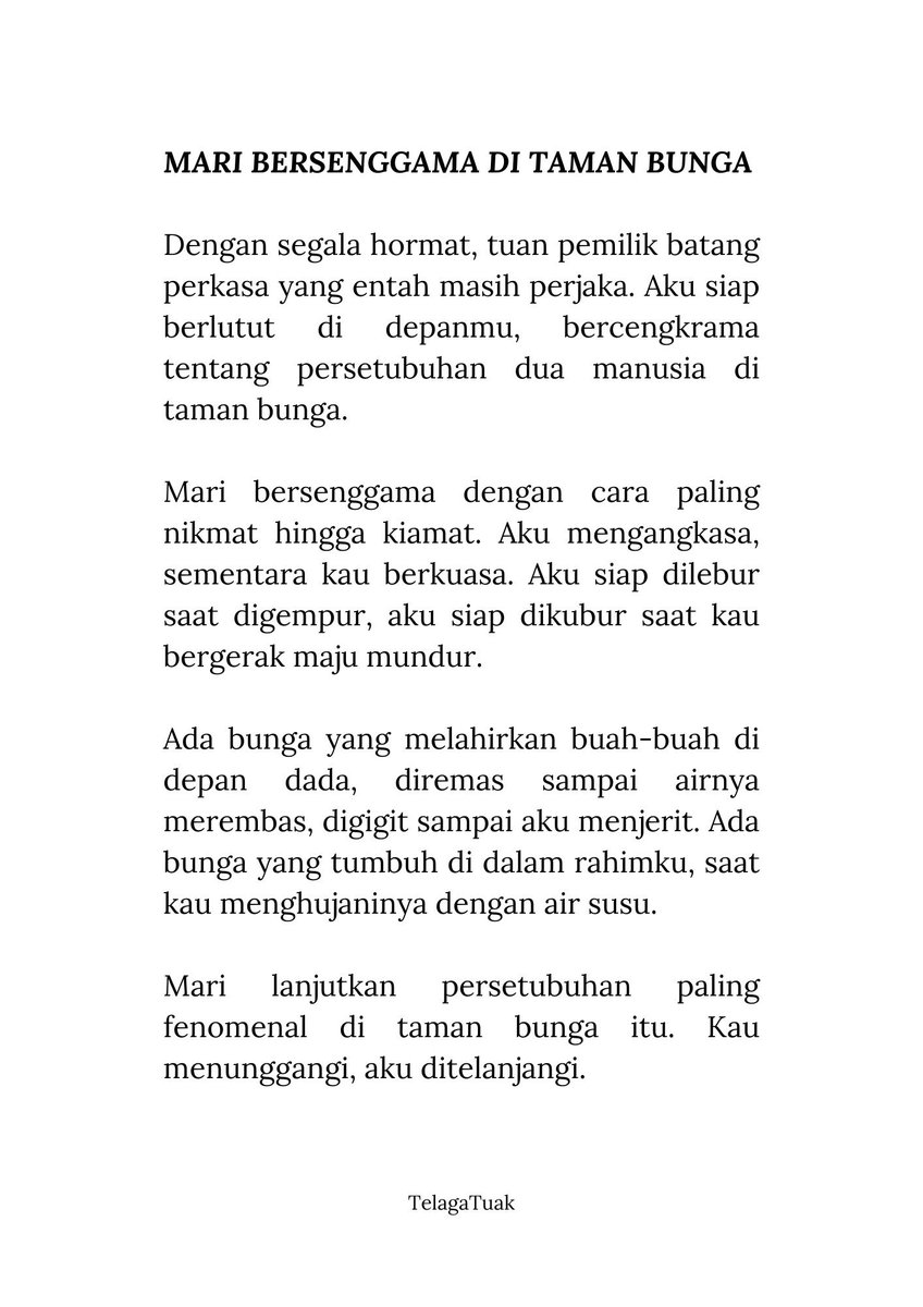 TelagaTuak's tweet photo. ⠀

Kita seperti hewan liar yang mengenakan celana dalam. Sebab aku melihatmu dengan seksama, dengan sentuhan, dengan cara paling menjijikan antara cinta dan kemunafikan.

⠀ https://t.co/fVFKutIsGf