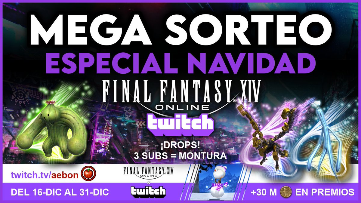Mañana empieza el sorteo más grande que he hecho.

¡MEGA SORTEO DE NAVIDAD! 🎁

Drops de #FFXIV
+30M de giles en premios.
Sorteo exclusivo para subs❗️

Requisitos:
Seguirme aquí y en <a href="/Twitch/">Twitch</a>. 
❤️ + 🔁 a este post.
Sortearemos el 31 de diciembre en directo.

#FF14 #Dawntrail