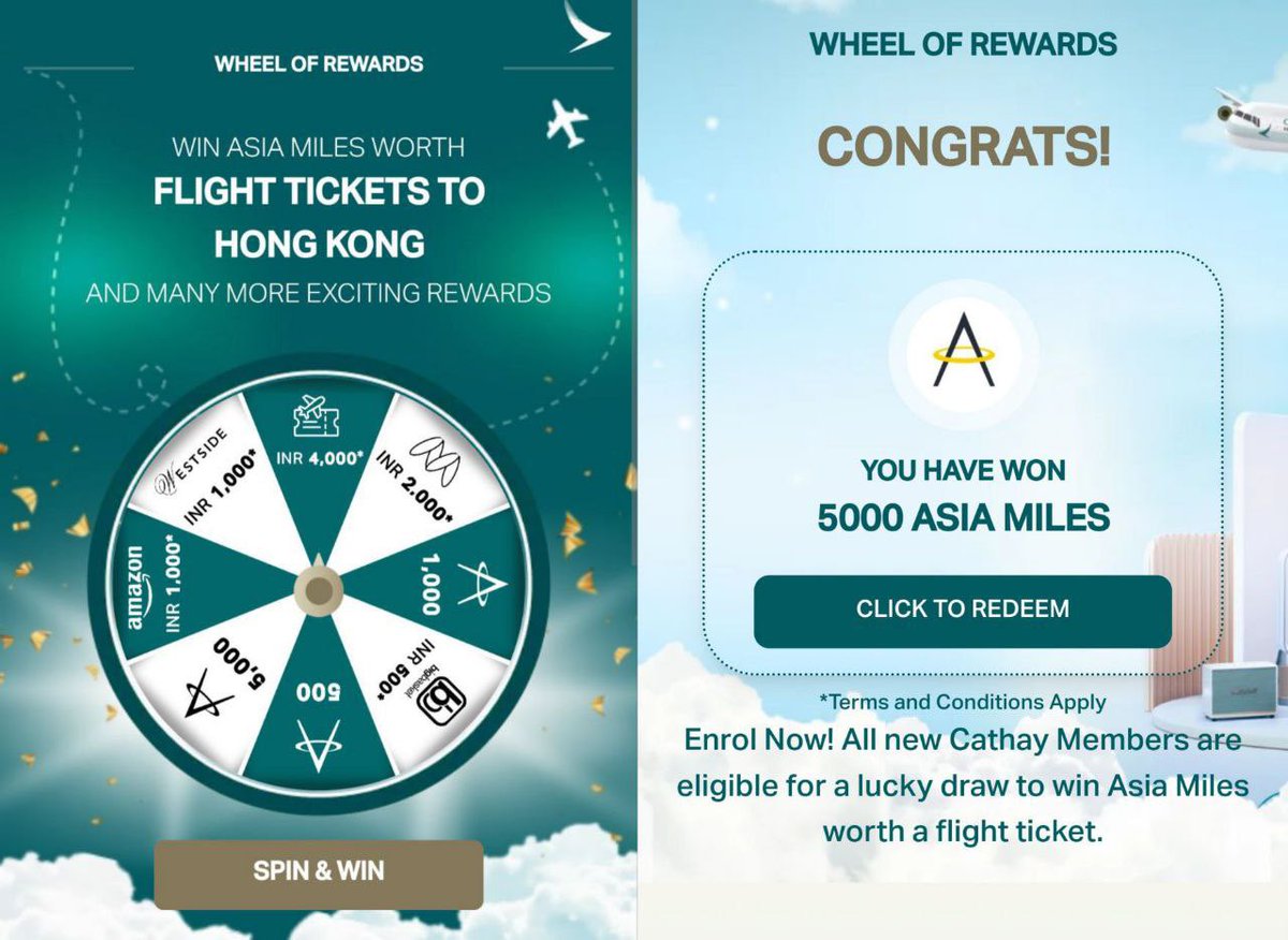dealztrendz's tweet image. Cathay Pacific: Spin &amp;amp; Win Amazon, Myntra Vouchers

Link : cathay.rhym.io

1. Click on the Spin the Wheel Link to participate in the campaign.

2. Spin the Wheel to test your luck and see what prize you win.

3. Sign Up for a New Cathay Membership Account to redeem your…