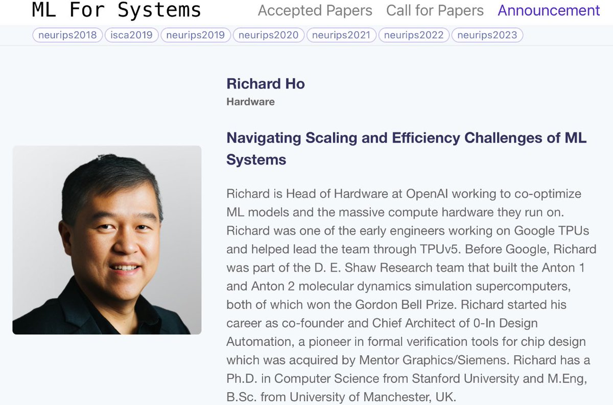 MimeeXu's tweet image. ML models need compute but Moore’s Law is slowing down. Are flops enough?

Come hear Richard’s take on chip and system games and maximizing efficiency across everything: network storage memory and compute. 

per watts, perf, per TCO. 

#GPUs #TPUs #MLforSystems #NeurIPS2024