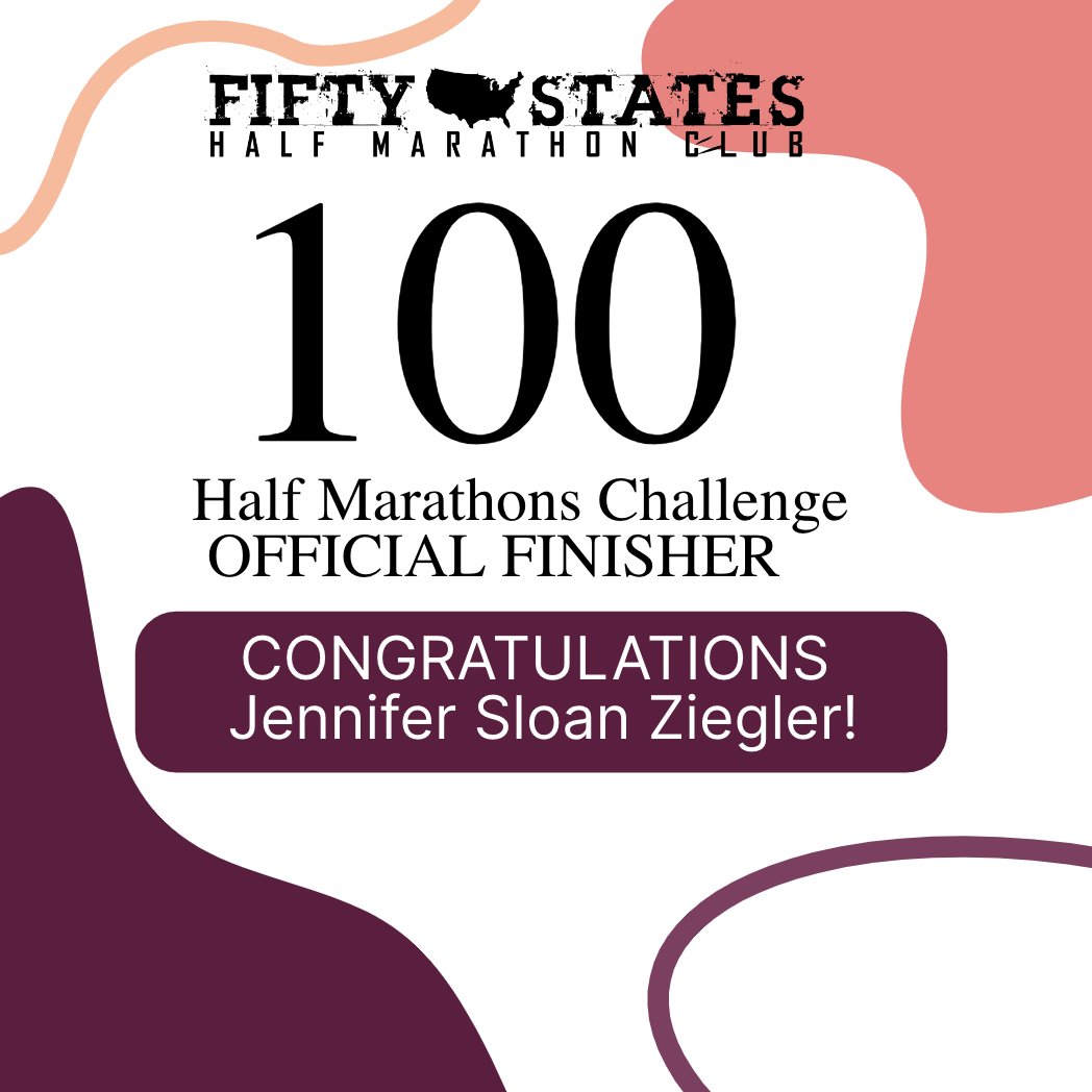 Congratulations to Jennifer Sloan Ziegler, from Ridgeland, Mississippi, for completing the 100 Half Marathons Challenge! #50stateshalfmarathonclub #100halfmarathonschallenge #100halfmarathons
