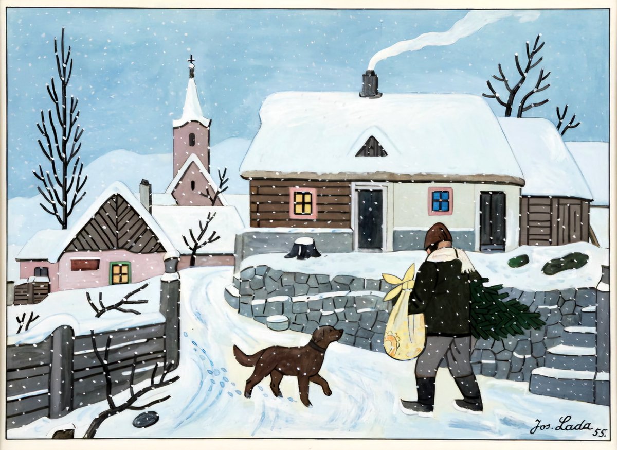 #GreatWinterPaintings □Christmas Tree (1955) ☆JOSEF LADA (1887-1957)▪︎Famous Czech painter and illustrator (The Good Soldier Svejk). His pictures caress the soul and open memories of childhood. Posted with permission of the LADA family▪︎🏛joseflada.cz - HRUSICE