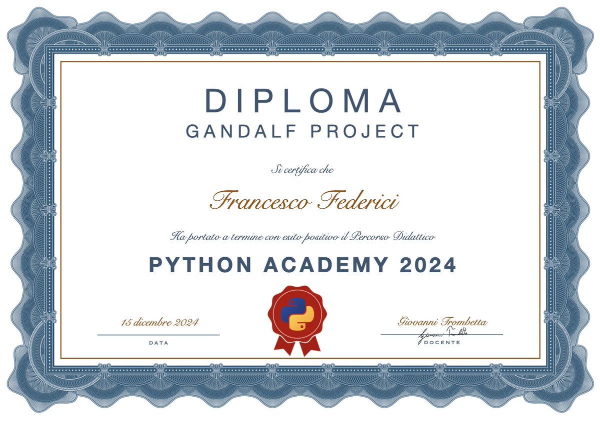 GandalfPro54927's tweet image. Un altro corsista che conclude il percorso con successo è motivo di orgoglio per tutta la nostra community!
Congratulazioni a Francesco Federici che si è appena diplomato alla Python Academy!
gandalfproject.com/python-academy…
Per informazioni: info@gandalfproject.com
#pythonacademy