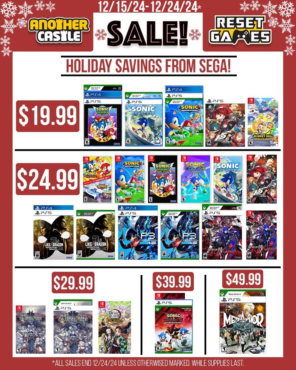 ResetGames's tweet photo. New sales are starting today, through Christmas Eve! Big savings on games from Ubisoft, Sega, EA, and more. https://t.co/eGNYz4yptE