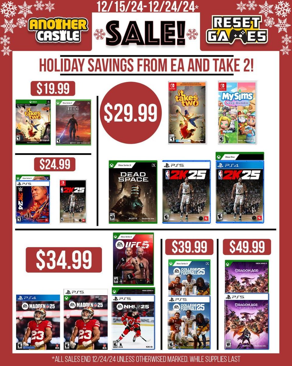 ResetGames's tweet photo. New sales are starting today, through Christmas Eve! Big savings on games from Ubisoft, Sega, EA, and more. https://t.co/eGNYz4yptE
