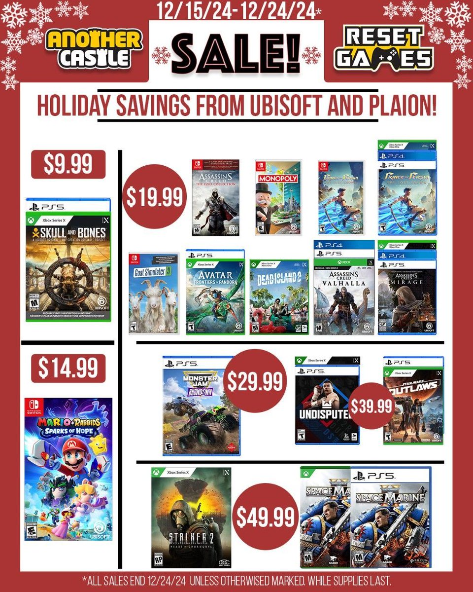 ResetGames's tweet photo. New sales are starting today, through Christmas Eve! Big savings on games from Ubisoft, Sega, EA, and more. https://t.co/eGNYz4yptE