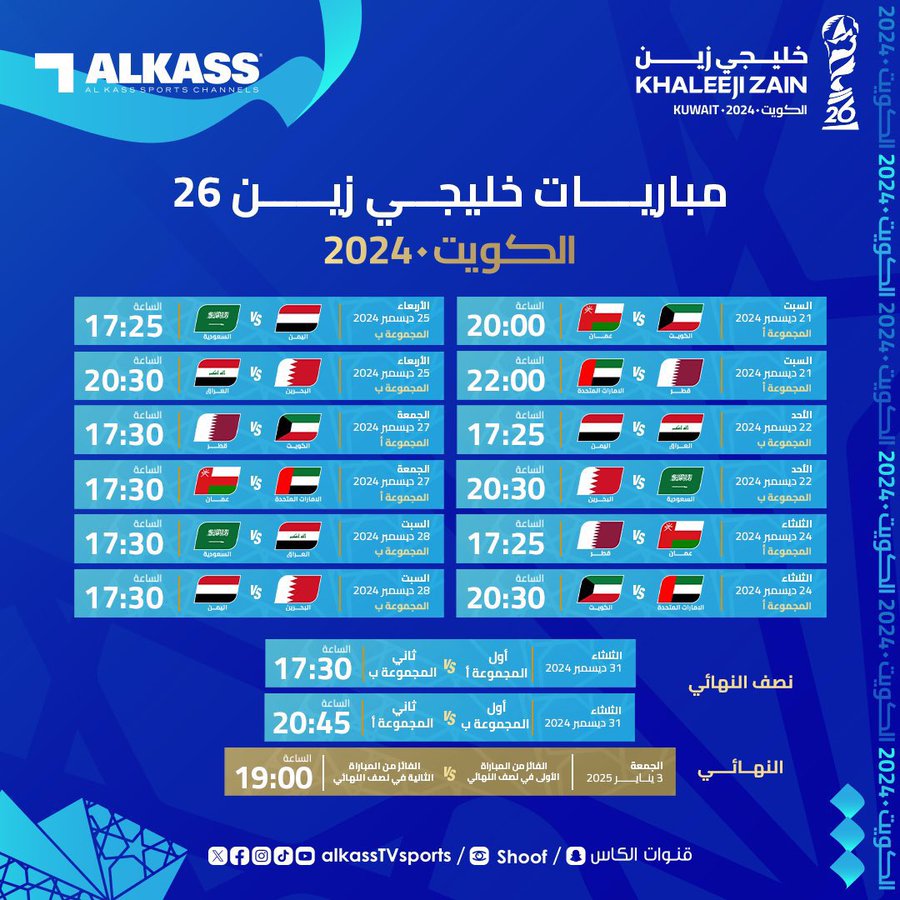 #تنطلق بطولة كأس الخليج السبت المقبل  ٢٠٢٤/١٢/٢١  مباريات اول يوم في #خليجي_26   

المباراة الاولى الساعة 8 مساءً  الكويت Vs عمان   
المباراة الثانية الساعة العاشرة ليلاً  قطر Vs الامارات .  

باقي الايام  المباراة الاولى الساعة 5,25 مساءً  
المباراة الثانية الساعة 8.30 مساءً