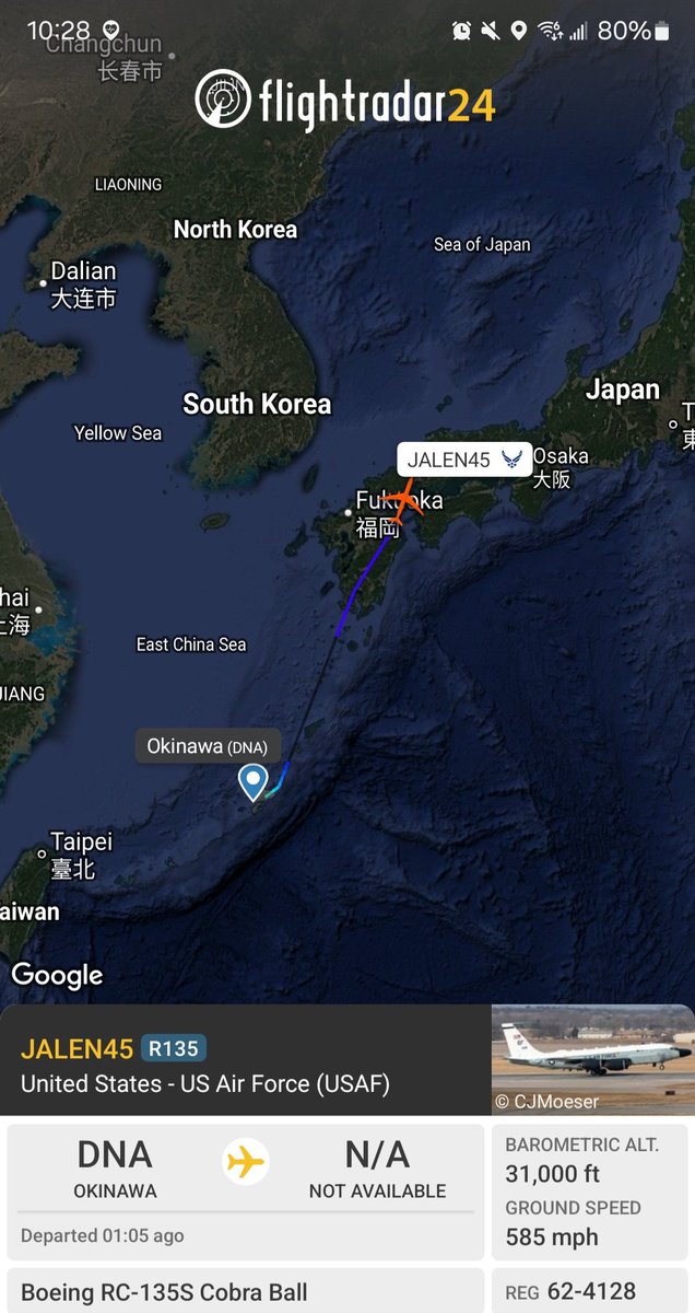 Borrowed7Time's tweet image. USAF RC-135S Cobra Ball 62-4128 #AE01D7 as JALEN45 out of Kadena AFB, Okinawa, currently tracking N to operate over the Sea of Japan. It will monitor any DPRK missile launches. 

The Cobra Ball is deployed to collect optical and electronic data on ballistic targets.
@sipjack1776