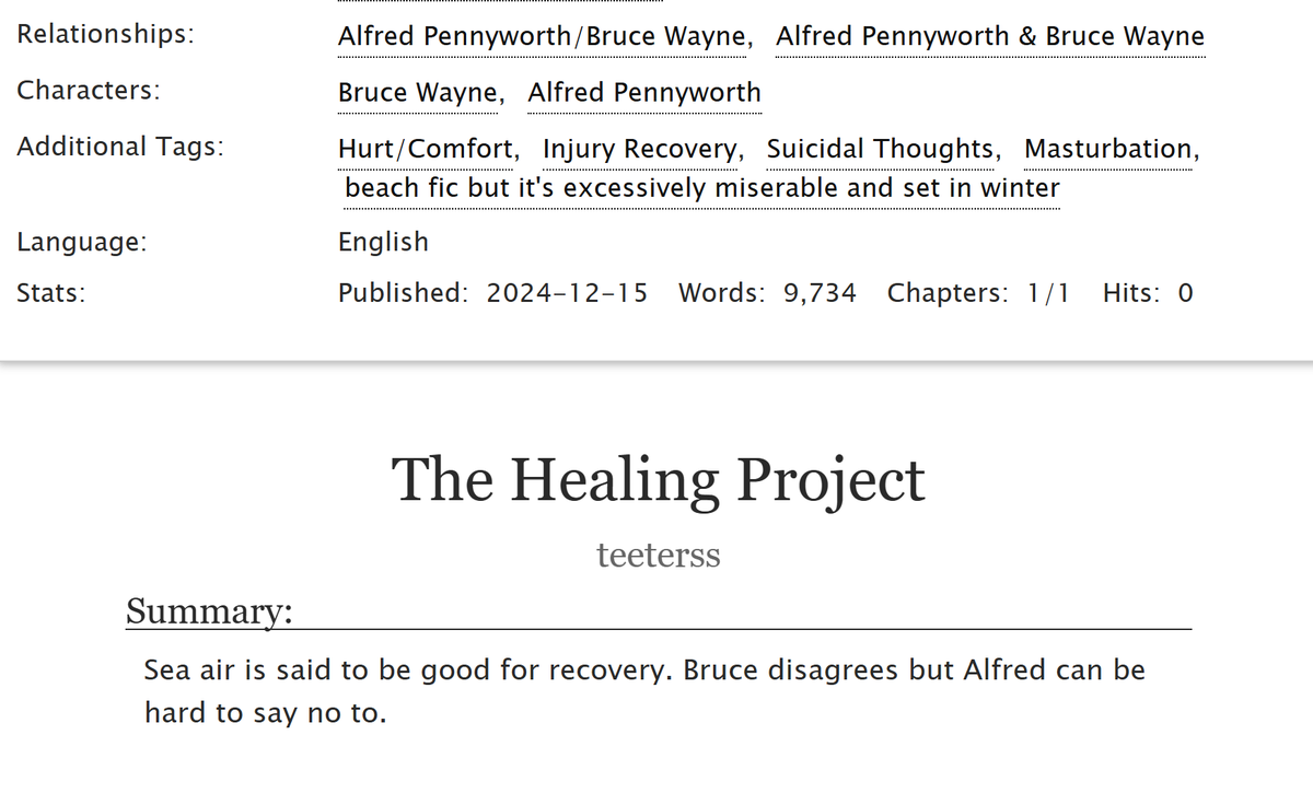 tenderisedstem's tweet photo. hello hi i have returned with some brucealfred fic🤲

⭐hurt/comfort with emphasis on hurt
⭐bruce's depression dial turned up to 11
⭐enforced holiday as punishment
⭐it could almost be domestic if they weren't insane

🔗https://t.co/IcnImIXYuZ https://t.co/mXNZ8RWu59