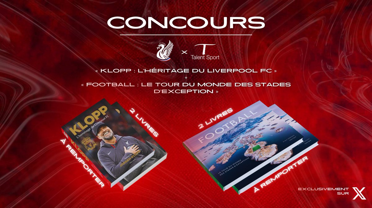 Liverpool 🇫🇷 (@redsfrance) on Twitter photo 🎁 𝑪𝑶𝑵𝑪𝑶𝑼𝑹𝑺
Tentez de remporter les livres « Klopp : L'hommage du Liverpool FC » & « Football : Le tour du monde des stades d'exception » avec <a href="/TalentEditions/">Talent Editions</a> ! 📚
Pour participer :
- Suivre <a href="/RedsFrance/">Liverpool 🇫🇷</a> / <a href="/TalentEditions/">Talent Editions</a>
- Like + RT
2️⃣ gagnants
TAS 22/12/24 🍀 #LFC 🎁 𝑪𝑶𝑵𝑪𝑶𝑼𝑹𝑺
Tentez de remporter les livres « Klopp : L'hommage du Liverpool FC » & « Football : Le tour du monde des stades d'exception » avec <a href="/TalentEditions/">Talent Editions</a> ! 📚
Pour participer :
- Suivre <a href="/RedsFrance/">Liverpool 🇫🇷</a> / <a href="/TalentEditions/">Talent Editions</a>
- Like + RT
2️⃣ gagnants
TAS 22/12/24 🍀 #LFC