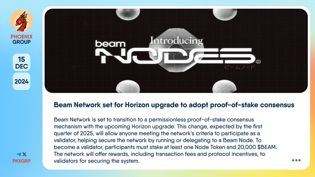 pnxgrp's tweet photo. 🔥 @BuildOnBeam set for Horizon upgrade to adopt proof-of-stake consensus
#BeamNetwork is set to transition to a permissionless proof-of-stake consensus mechanism with the upcoming #Horizon upgrade. This change, expected by the first quarter of 2025, will allow anyone meeting the network's criteria to participate as a validator, helping secure the network by running or delegating to a Beam Node.
To become a validator, participants must stake at least one Node Token and 20,000 $BEAM. The network will offer rewards, including transaction fees and protocol incentives, to validators for securing the system. Additionally, 80% of secondary rewards will be distributed to Node Token stakers, while 20% will go to BEAM stakers.
👉 https://t.co/H6SHUmIi77