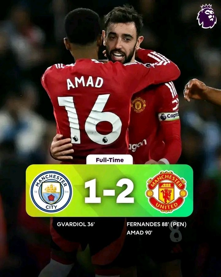 FT Manchester City 1:2 Manchester United.
+3 points in the derby for Man United. Premier League match.