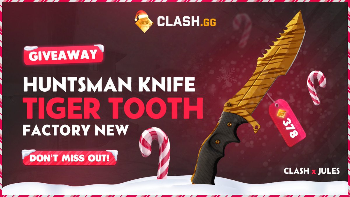 🎄🔶Huntsman | Tiger Tooth 🔶🎄

How to enter:
1️⃣Follow  <a href="/clashdotgg/">ClashGG</a> @julsycs
2⃣ Like and Retweet
3⃣ Tag one friends
⏰Rolling in 7days

🤫Tune in the stream on kick 8PM CET!
Good luck everyone 🍀