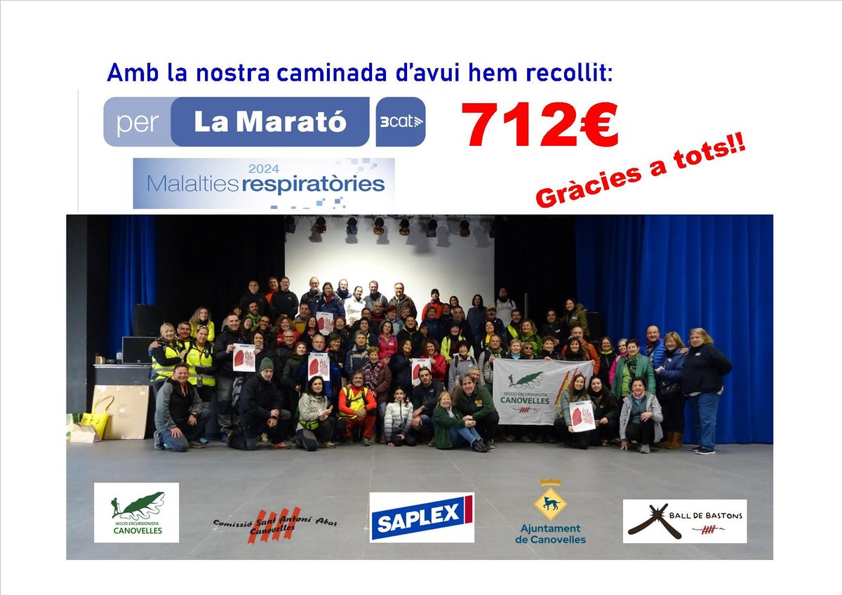 Avui el nostre Centre Excursionista, <a href="/AjCanovelles/">Aj. Canovelles</a> i la Colla Bastonera de <a href="/lacomi/">comissió sant antoni</a> hem participat de l'acte solidari més gran que es fa a Catalunya #LaMarato3Cat i hem contribuït amb: