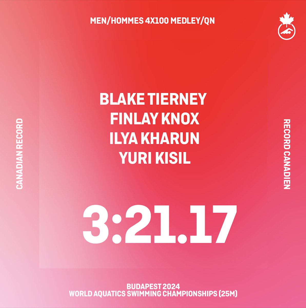 One more record to send it home. 

Canadian men’s 4x100 medley had more to give, lowering the record set this morning to finish off the final event of short course worlds.