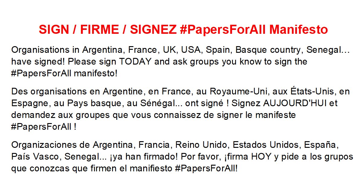 Migrants from many countries are mobilising to demand #PapersForAll on 18 December - International Day of Migrants! Please endorse the manifesto and let us know what actions your organisation is taking   docs.google.com/forms/d/e/1FAI…