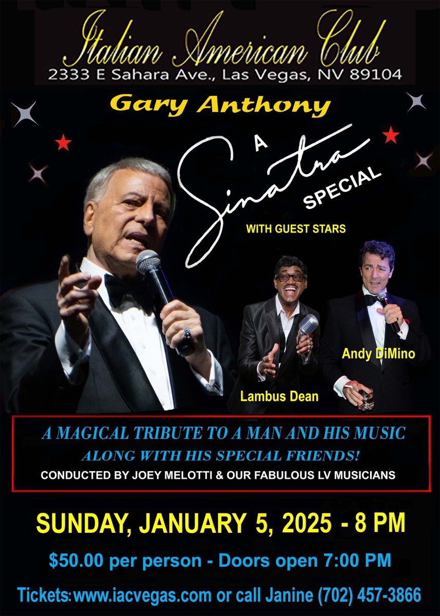 GaryAnthonyFS's tweet image. We are just weeks away from this once in a lifetime showcase of "A Sinatra Special" This show will bring back the classic days of Frank Sinatra's TV specials of the 70's all rolled up with the greatest cast along with our fabulous Las Vegas musicians ever put together.