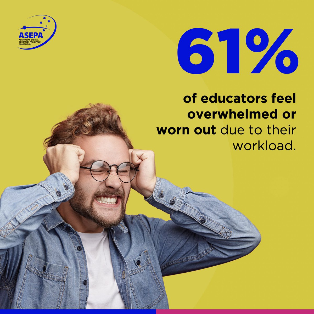 ASEPA_President's tweet photo. 61% of educators report feeling overwhelmed or worn out, according to the interim report on Secondary Traumatic Stress (STS). 

The demands of teaching are higher than ever. We need systemic change to safeguard their mental health and provide real support. https://t.co/zseHwfn6RL