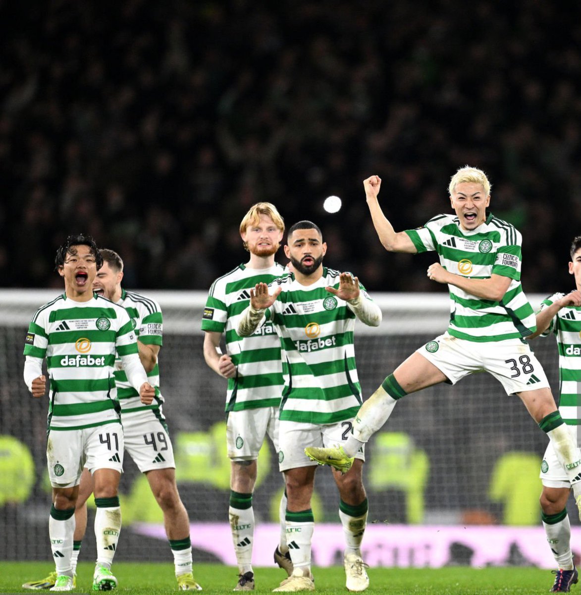 Daizen Maeda celebrating Kasper Schmeichel penalty save