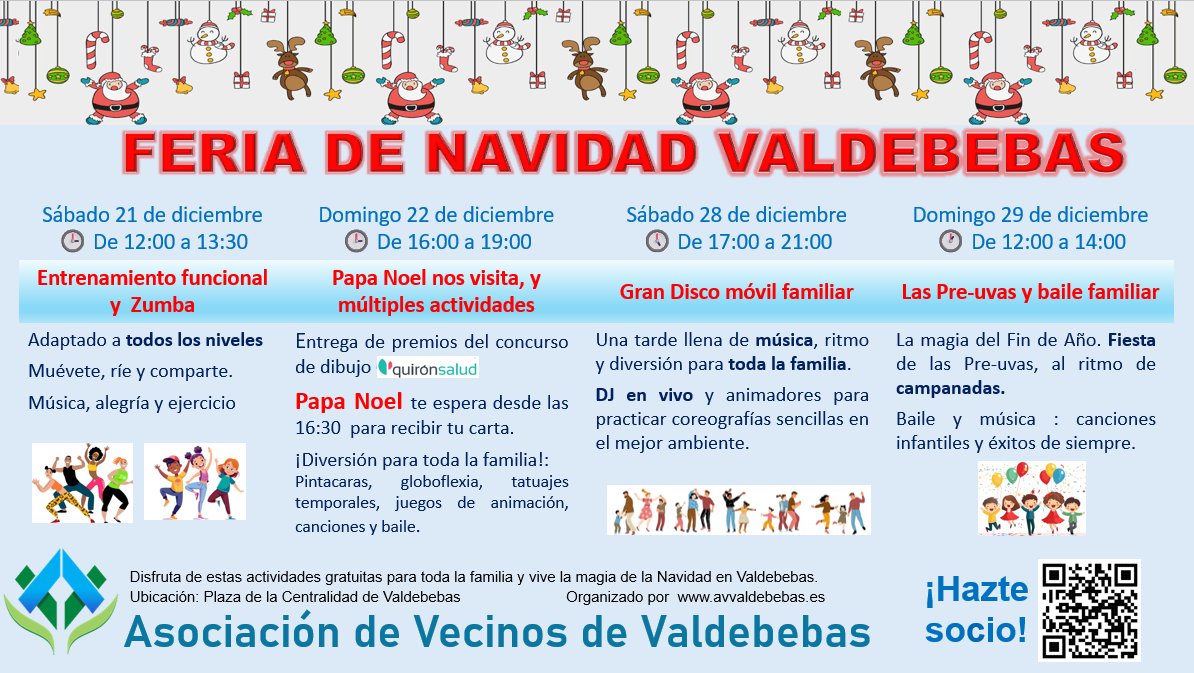 ¡Vive la Navidad en Valdebebas! La Asociación de Vecinos de Valdebebas te invita a disfrutar de una programación especial estas fiestas en la Plaza de la Centralidad. Aquí tienes un resumen de todas las actividades: